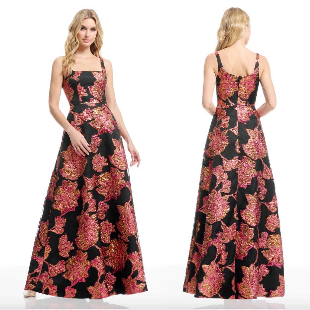 Dress The Population Black Maxi Dress With Pink And Gold Floral Brocade